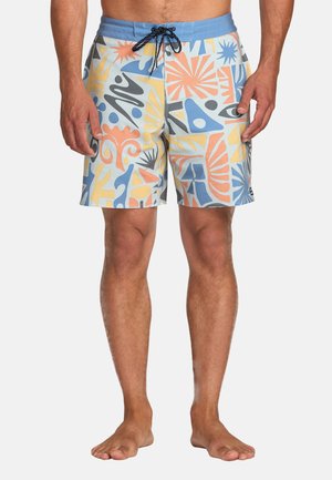 Shorts de bain en tissu léger avec un motif abstrait multicolore dans des tons de bleu, orange et jaune. Taille élastique avec cordon de serrage.
