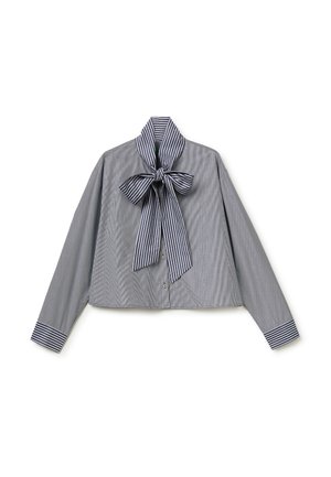 Gray long-sleeve blouse with vertical white stripes, featuring a large bow tie collar and matching striped cuffs.