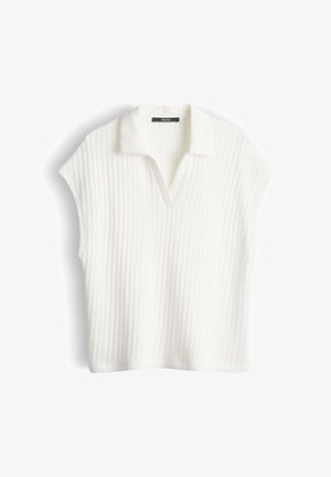 Haut blanc sans manches en maille côtelée avec col en V ouvert et col, disposé à plat sur fond blanc.