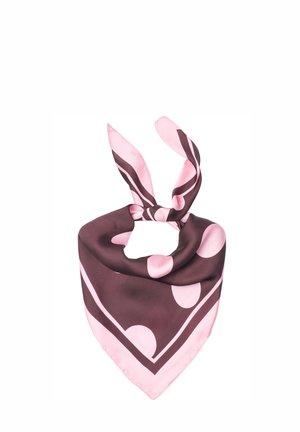 Zijden sjaal met grote roze en donkerbruine polkadots en strepen, los gestrikt met spitse uiteinden.