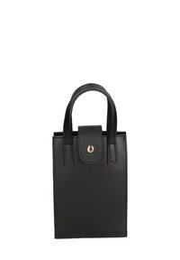 Zwarte leren handtas met kleine handvatten, rechthoekige vorm, gladde textuur en een gouden knoopsluiting aan de voorkant.