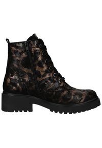 Schwarze und braune Leopardenmuster-Ankle Boots mit strukturierter Oberfläche, die über ein Schnürdesign, einen seitlichen Reißverschluss und eine robuste Gummisohle verfügen.