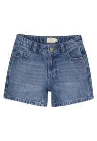 Jeansshorts i ljusblått, med hög midja, framfickor och synlig sömnad. Inkluderar en metallknappstängning och varumärkets etikett.