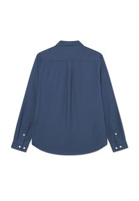 Navy blue long-sleeve shirt with a collar, buttoned cuffs, back pleat, and smooth fabric texture. No patterns or additional accents.