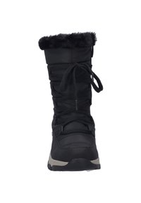 Botte d'hiver noire avec une bordure en fausse fourrure sur le-dessus, fermeture à lacets à l'avant, tige en tissu texturé, semelle en caoutchouc et hauteur mi-mollet.