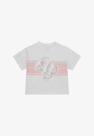 T-shirt blanc à manches courtes avec une rayure horizontale rose et un logo argenté orné de strass sur le devant.