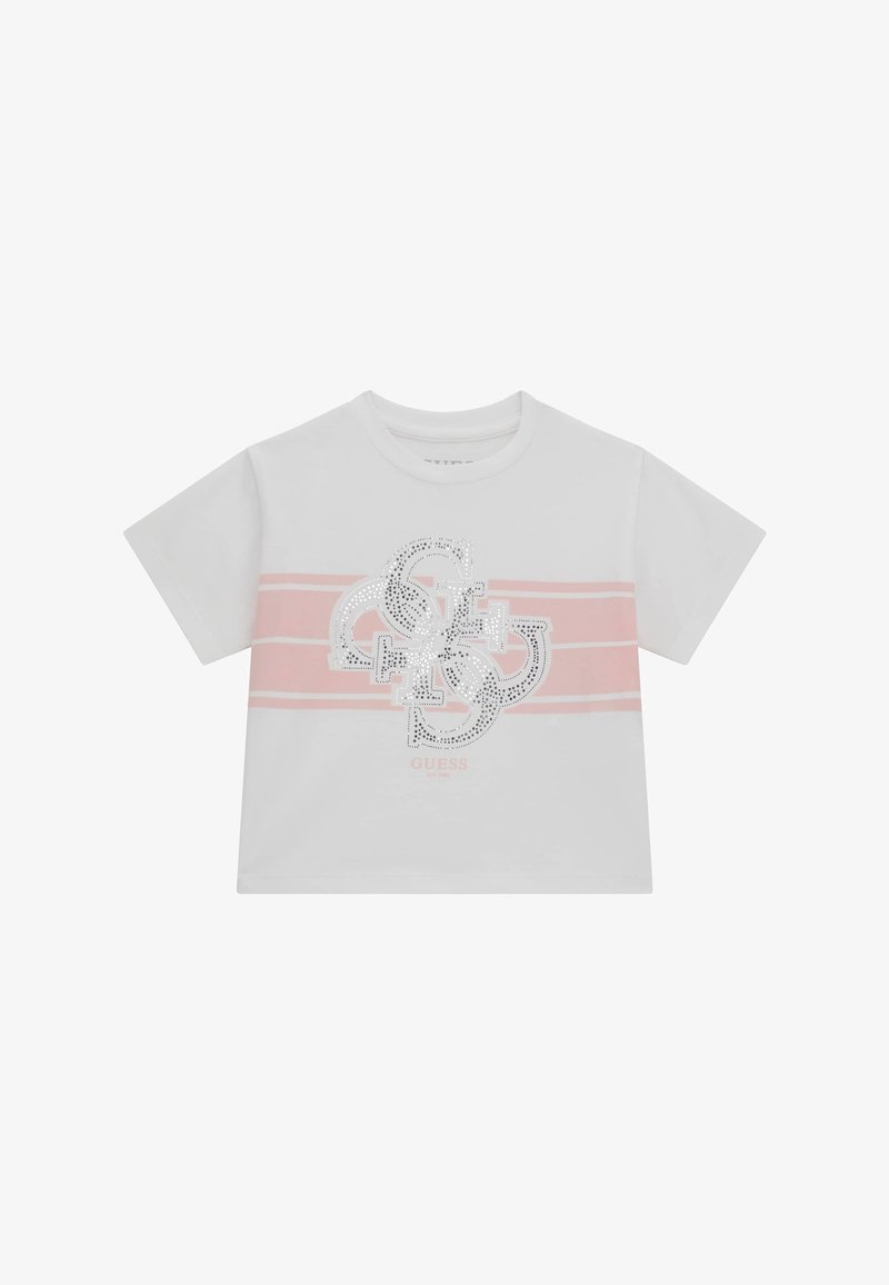 Valge lühikeste varrukatega T-särk, millel on roosa horisontaalne triip ja esiküljel hõbedane, rhinestone'idega kaunistatud logo.