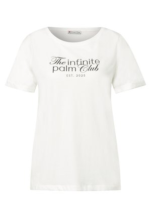 T-shirt in cotone bianco con scollatura tonda, maniche corte e testo in script nero che recita "The infinite palm Club EST. 2025."