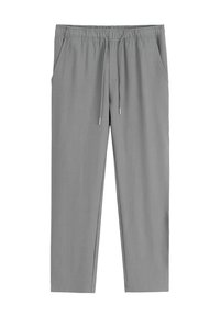 Pantalons gris à taille élastique avec cordon de serrage et poches latérales, coupe droite, style décontracté.