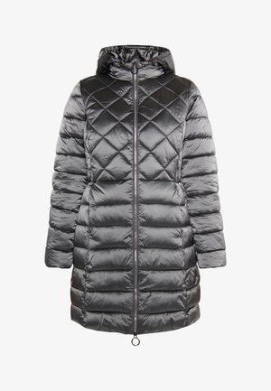 Töltött, kapucnis téli dzseki sötétszürke színben. Elől cipzárral záródik, oldalsó zsebekkel rendelkezik, és könnyű, fényes, sima textúrája van.