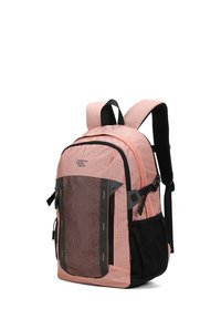 Roze nylon rugzak met een textuur oppervlak, een mesh voorvak, een zwarte basis en verstelbare banden. Beschikt over meerdere met rits afgesloten vakken.