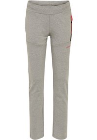 Grå träningsbyxor i mjukt tyg, med smal passform, elastisk midja och dragkedjefickor med röda accenter.