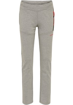 Gray athletic pants made of soft fabric, featuring a slim fit, elastic waistband, and zippered pockets with red accents.