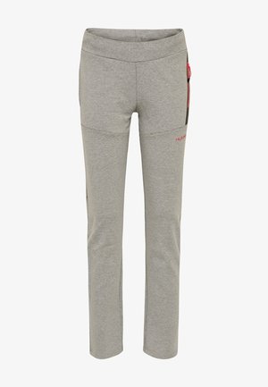 Gray athletic pants made of soft fabric, featuring a slim fit, elastic waistband, and zippered pockets with red accents.