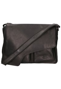 Zwarte leren schoudertas met een verstelbare schouderband, voorzien van meerdere vakken en een gestructureerde flapsluiting met logodetail.