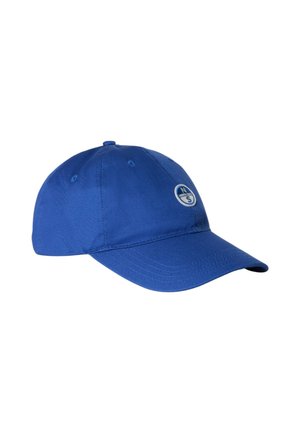 Cappellino da baseball blu con una piccola toppa circolare con il logo con le lettere N e S sul pannello frontale.