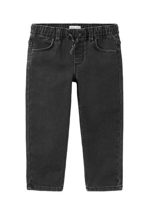Schwarze Babyjeans mit elastischem Bund und Kordelzug, zwei Fronttaschen und Gürtelschlaufen, gezeigt auf weißem Hintergrund.