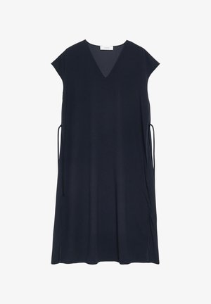 Sleeveless black knee-length dress with V-neck and side ties, made from smooth lightweight fabric, displayed flat on white background.