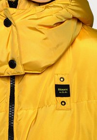 Gele gewatteerde jas met capuchon, voorzien van een zwarte ritssluiting, ronde zwarte knopen en een zwart label met groene tekst op de borst.