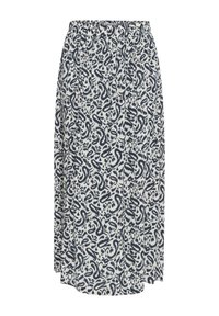 Plisserad kjol med resårmidja, med ett marinblått paisley-mönster på en krämfärgad bakgrund. Tillverkad av lätt, andningsbart tyg.