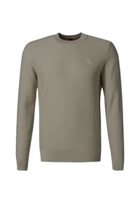Maglione grigio chiaro a maglia con scollatura rotonda e maniche lunghe. Texture a waffle e piccolo logo sul petto.