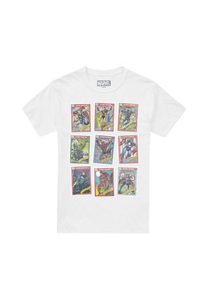 Weißes Marvel-T-Shirt mit neun bunten Comic-Panels von Superhelden, darunter Thor, Iron Man, Spider-Man und Captain America.