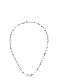 Collana in argento con maglie intrecciate, texture liscia e chiusura a moschettone, che mette in risalto un design minimalista con una finitura lucida.