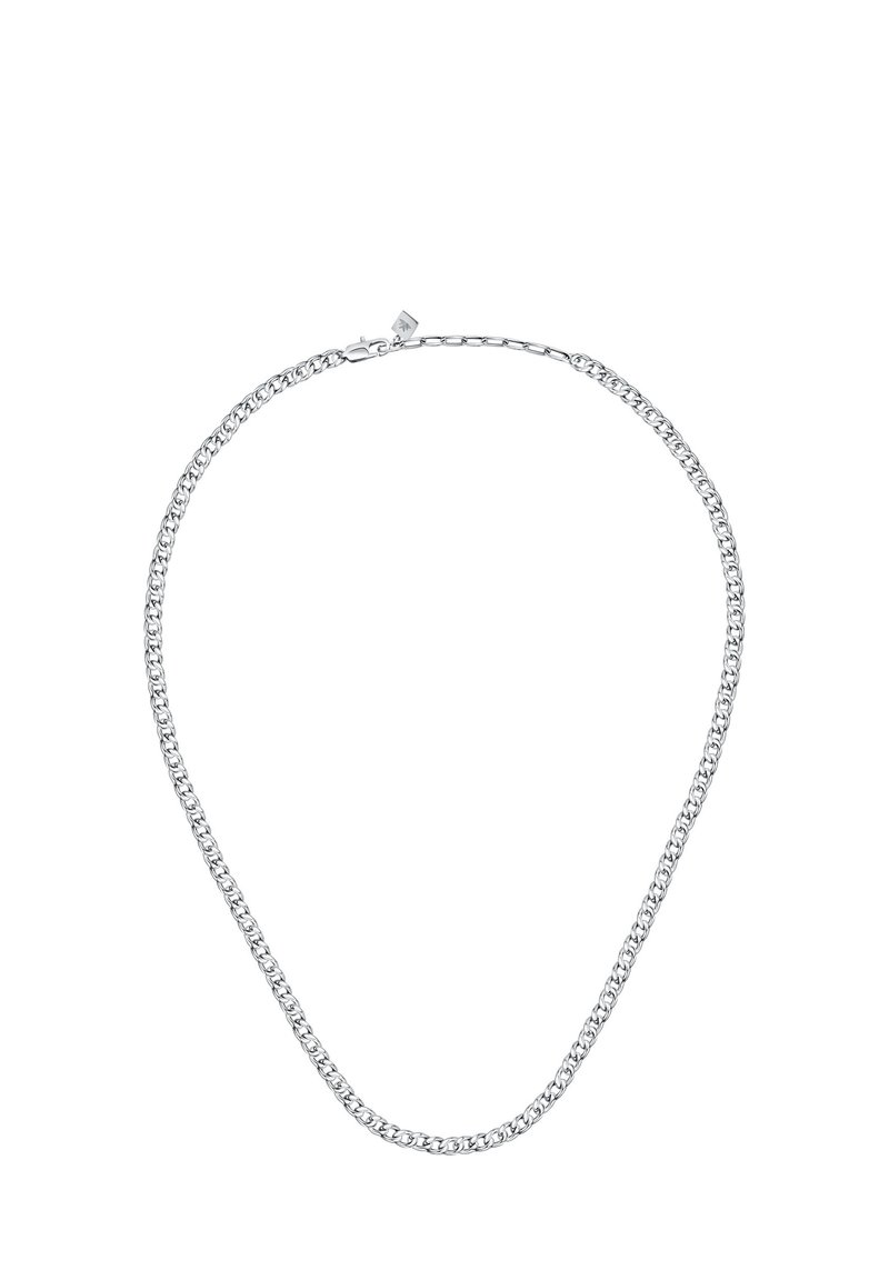 Collana in argento con maglie intrecciate, texture liscia e chiusura a moschettone, che mette in risalto un design minimalista con una finitura lucida.