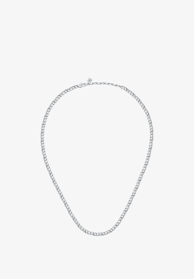 Collana in argento con maglie intrecciate, texture liscia e chiusura a moschettone, che mette in risalto un design minimalista con una finitura lucida.