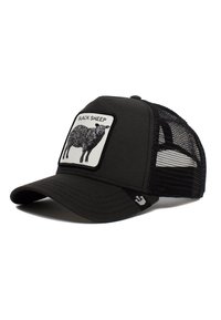 Gorra trucker negra con un panel frontal sólido y trasero de malla, que presenta un gráfico de oveja negra en el parche frontal y una visera curva.