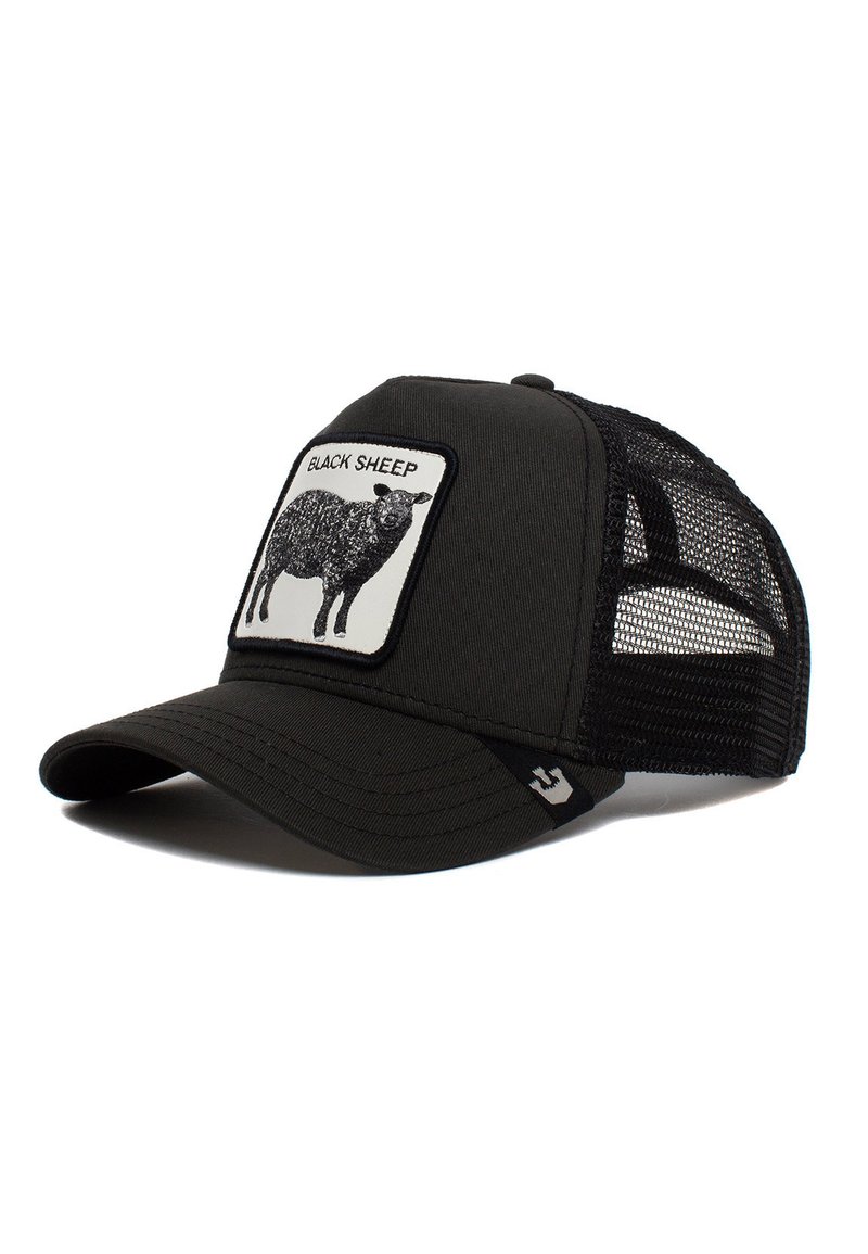 Gorra trucker negra con un panel frontal sólido y trasero de malla, que presenta un gráfico de oveja negra en el parche frontal y una visera curva.