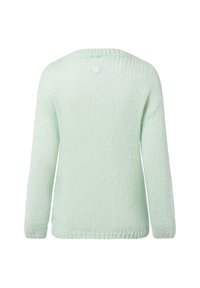 Minzgrüner Strickpullover mit langen Ärmeln, Rundhalsausschnitt und einem Knopfdetail im Rücken. Die strukturierte Stoffqualität sorgt für eine weiche Oberfläche.