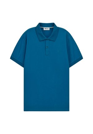 Polo shirt turchese in cotone, con colletto classico, maniche corte e una patta con tre bottoni. Branding minimale sul davanti.