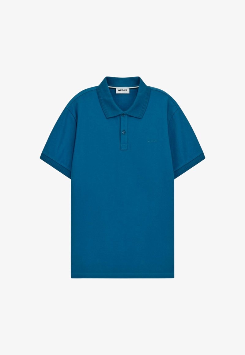 Polo shirt turchese in cotone, con colletto classico, maniche corte e una patta con tre bottoni. Branding minimale sul davanti.