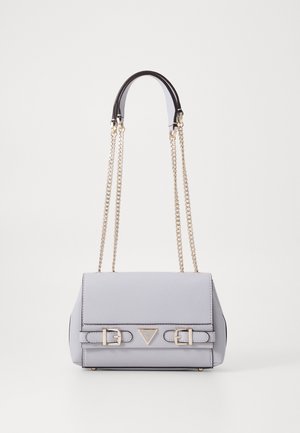Gray leather handbag with a flap closure, gold hardware, chain strap, and decorative buckles. Features a triangular logo emblem.