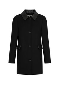 Schwarzer Wollmantel mit kontrastierendem Lederkragen, fünf Knöpfen, zwei Fronttaschen und einem mittellangen Design.