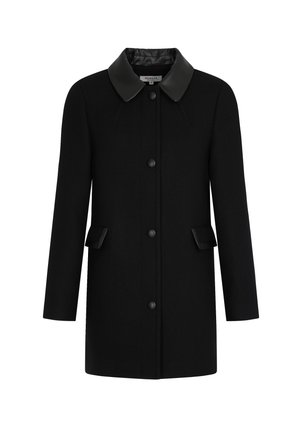 Zwarte wollen jas met een contrasterende leren kraag, vijf knopen, twee voorzakken en een middellange uitstraling.