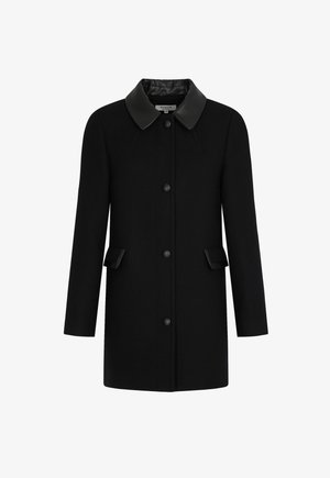 Schwarzer Wollmantel mit kontrastierendem Lederkragen, fünf Knöpfen, zwei Fronttaschen und einem mittellangen Design.