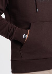 Brązowa bluza z kapturem z kieszenią z przodu, ściągaczami na mankietach i u dołu. Na piersi nadrukowany wzór. Na rękawie znajduje się metka z logo marki.