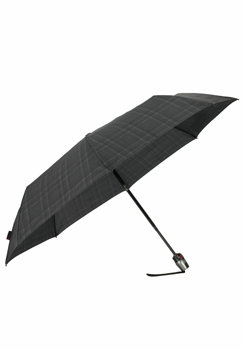 Un parapluie compact noir et gris à carreaux avec une poignée métallique, une canopée plate et un bord arrondi, doté d'un mécanisme d'ouverture à bouton-poussoir.