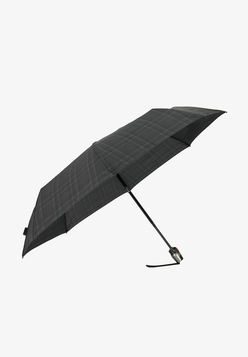 Black and gray plaid compact umbrella with a metallic handle, flat canopy, and a curved edge, featuring a push-button opening mechanism.