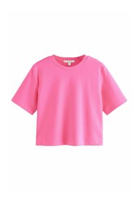 Camiseta de manga corta y cuello redondo en un vibrante color rosa, fabricada con algodón de textura suave y un corte relajado.