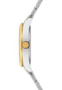 Reloj de metal plateado con un bisel dorado, borde texturizado y corona dorada. Presenta una caja elegante y suave, y una pulsera de eslabones en metal pulido.