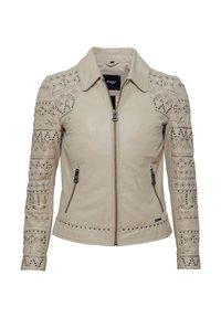 Beige Lederjacke mit Reißverschluss, dekorativen Steppnähten, Nietenakzenten an den Ärmeln und einem klassischen Kragen-Design.