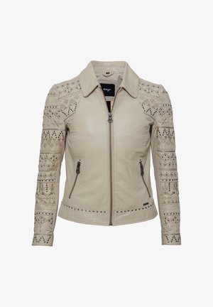 Beige Lederjacke mit Reißverschluss, dekorativen Steppnähten, Nietenakzenten an den Ärmeln und einem klassischen Kragen-Design.
