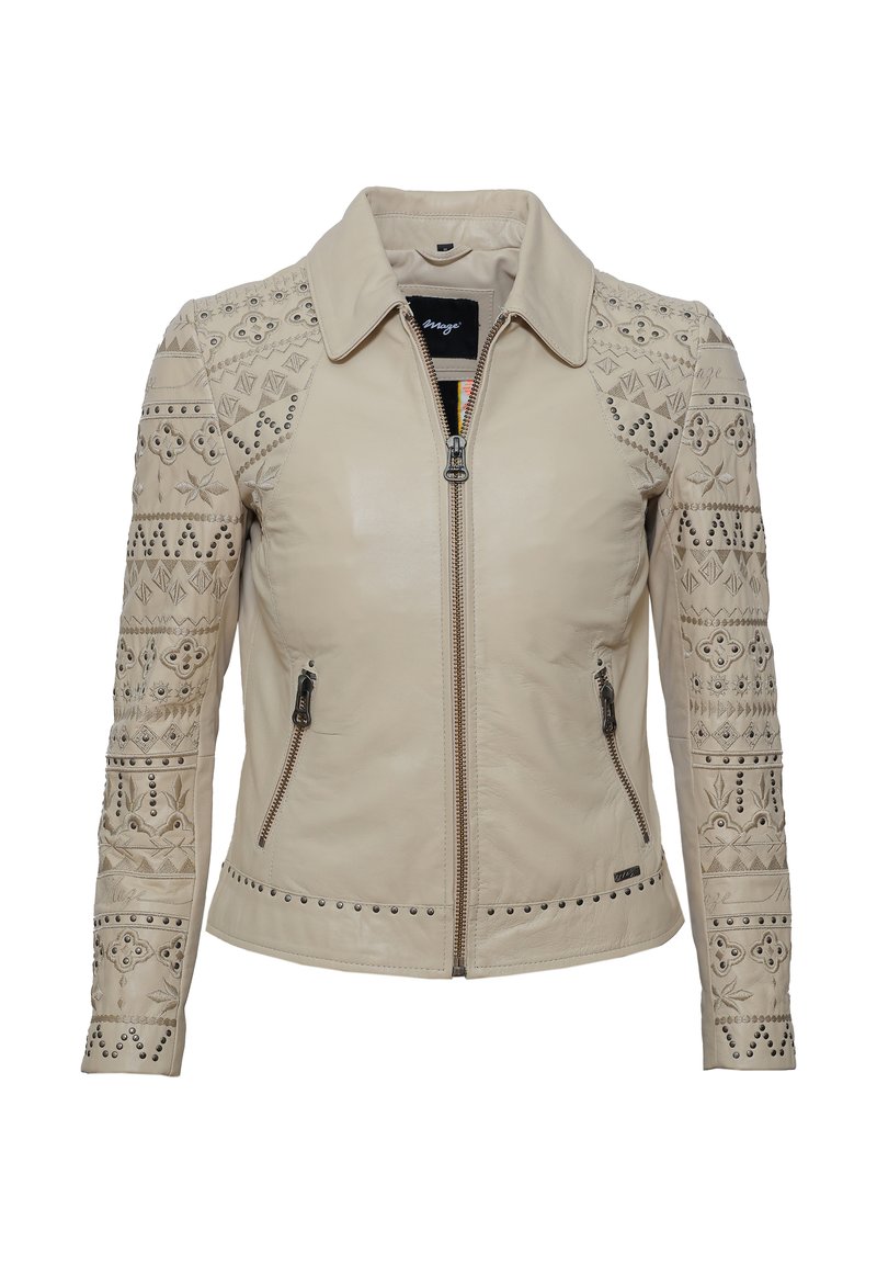 Beige Lederjacke mit Reißverschluss, dekorativen Steppnähten, Nietenakzenten an den Ärmeln und einem klassischen Kragen-Design.