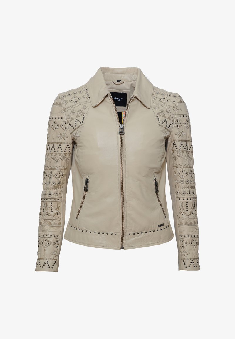 Beige Lederjacke mit Reißverschluss, dekorativen Steppnähten, Nietenakzenten an den Ärmeln und einem klassischen Kragen-Design.
