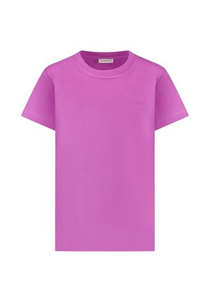 Korte mouwen T-shirt in felroze katoen met een ronde hals en een klein logo in bijpassend roze geborduurd op de borst.