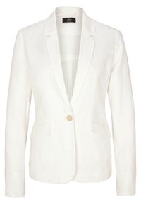Biała lniana marynarka z klapami, z pojedynczym zapięciem na guzik oraz dwoma przednimi kieszeniami, wykonana z gładkiego, teksturowanego materiału.