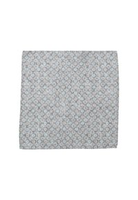 Cotton tablecloth with a light gray background, featuring small multi-colored floral patterns in blue, lavender, and white. Rectangular shape.